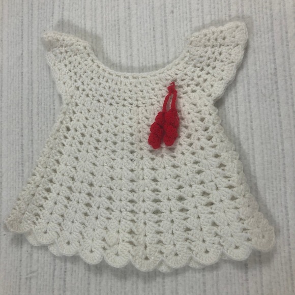 Handmade Crochet Baby Dress White w/ Red Pom Poms‎ Sleeveless Infant Clothes - Picture 1 of 5